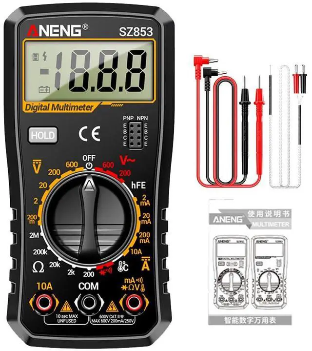 Main image of SZ853 Digital Multimeter Voltmeter 1999 Counts AC DC Voltage Current Resistance Temperature Tester with Buzzer Diode Test - Black