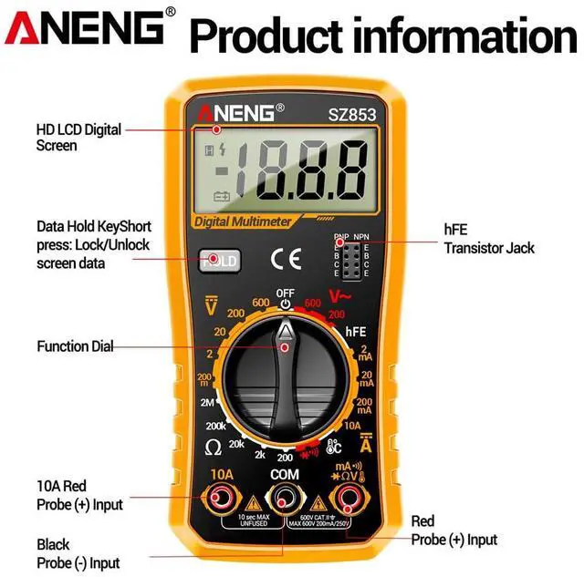 Alt view image 4 of 7 - SZ853 Digital Multimeter Voltmeter 1999 Counts AC DC Voltage Current Resistance Temperature Tester with Buzzer Diode Test Withe Box - Orange
