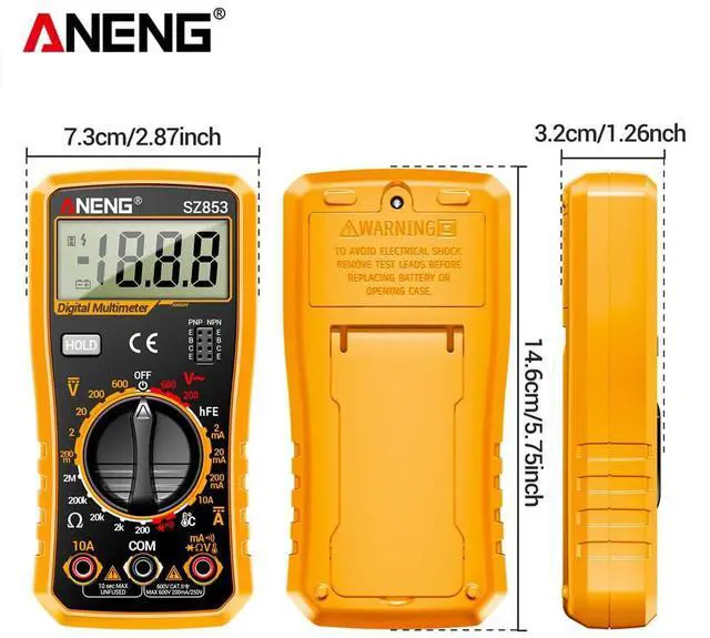 Alt view image 5 of 7 - SZ853 Digital Multimeter Voltmeter 1999 Counts AC DC Voltage Current Resistance Temperature Tester with Buzzer Diode Test Withe Box - Orange