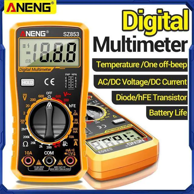 Alt view image 6 of 7 - SZ853 Digital Multimeter Voltmeter 1999 Counts AC DC Voltage Current Resistance Temperature Tester with Buzzer Diode Test Withe Box - Orange