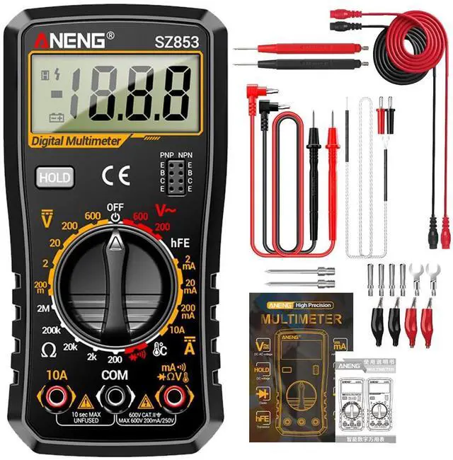Main image of SZ853 Digital Multimeter Voltmeter 1999 Counts AC DC Voltage Current Resistance Temperature Tester with Buzzer Diode Test & Combination Line Withe Box - Black