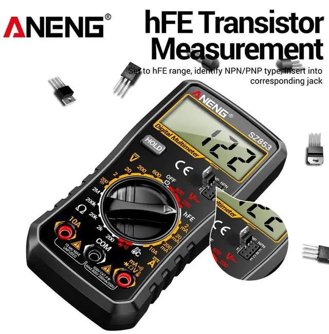 Alt view image 2 of 7 - SZ853 Digital Multimeter Voltmeter 1999 Counts AC DC Voltage Current Resistance Temperature Tester with Buzzer Diode Test & Combination Line Withe Box - Black
