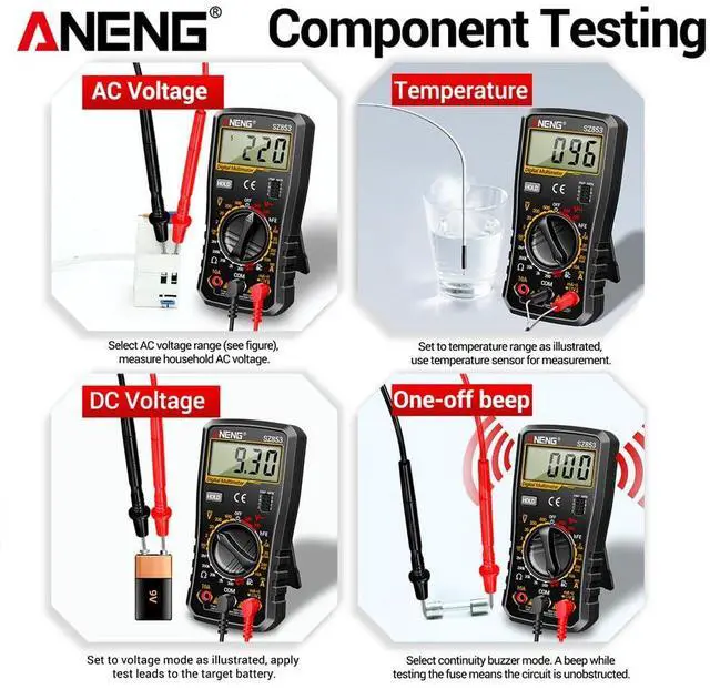 Alt view image 3 of 7 - SZ853 Digital Multimeter Voltmeter 1999 Counts AC DC Voltage Current Resistance Temperature Tester with Buzzer Diode Test & Combination Line Withe Box - Black