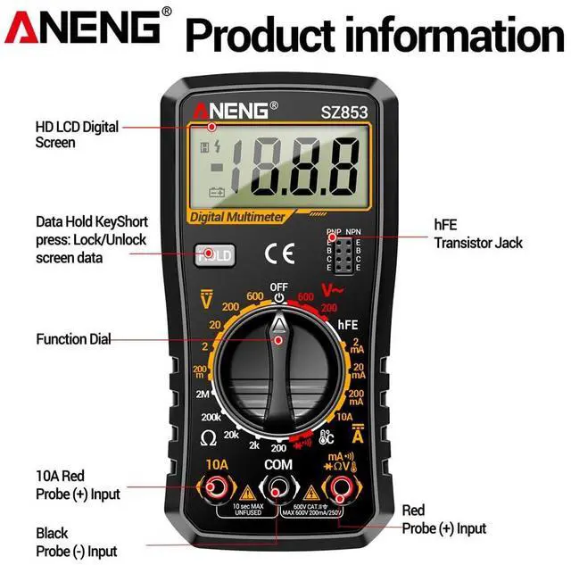 Alt view image 4 of 7 - SZ853 Digital Multimeter Voltmeter 1999 Counts AC DC Voltage Current Resistance Temperature Tester with Buzzer Diode Test & Combination Line Withe Box - Black