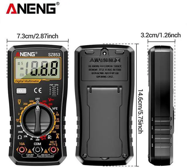 Alt view image 5 of 7 - SZ853 Digital Multimeter Voltmeter 1999 Counts AC DC Voltage Current Resistance Temperature Tester with Buzzer Diode Test & Combination Line Withe Box - Black