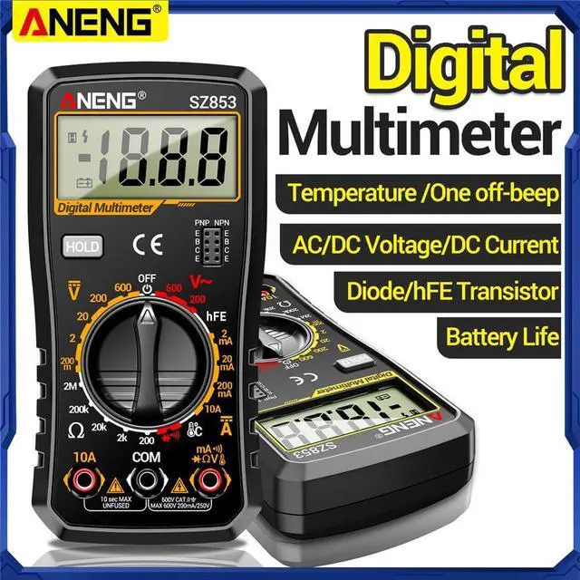 Alt view image 6 of 7 - SZ853 Digital Multimeter Voltmeter 1999 Counts AC DC Voltage Current Resistance Temperature Tester with Buzzer Diode Test & Combination Line Withe Box - Black