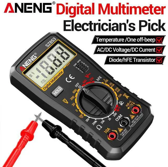 Alt view image 7 of 7 - SZ853 Digital Multimeter Voltmeter 1999 Counts AC DC Voltage Current Resistance Temperature Tester with Buzzer Diode Test & Combination Line Withe Box - Black