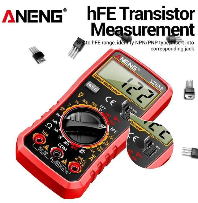 Alt view image 2 of 7 - SZ853 Digital Multimeter Voltmeter 1999 Counts AC DC Voltage Current Resistance Temperature Tester with Buzzer Diode Test & Combination Line Withe Box - Red
