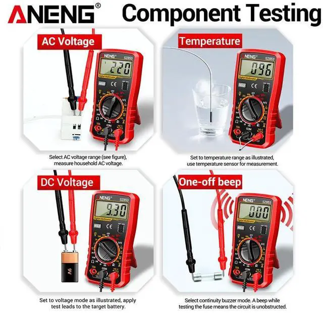 Alt view image 3 of 7 - SZ853 Digital Multimeter Voltmeter 1999 Counts AC DC Voltage Current Resistance Temperature Tester with Buzzer Diode Test & Combination Line Withe Box - Red