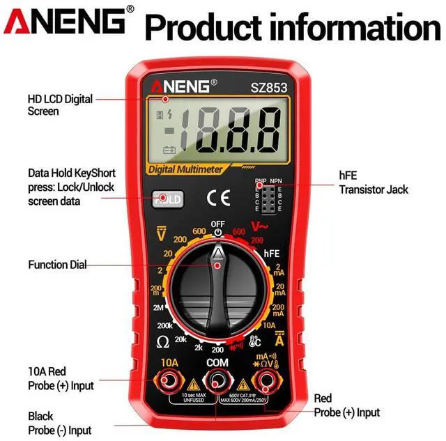 Alt view image 7 of 7 - SZ853 Digital Multimeter Voltmeter 1999 Counts AC DC Voltage Current Resistance Temperature Tester with Buzzer Diode Test & Combination Line Withe Box - Red