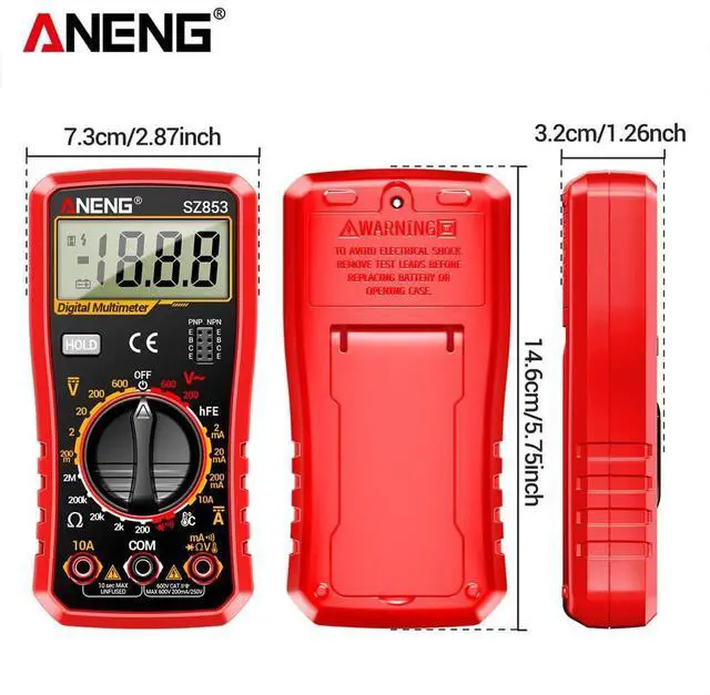 Alt view image 4 of 7 - SZ853 Digital Multimeter Voltmeter 1999 Counts AC DC Voltage Current Resistance Temperature Tester with Buzzer Diode Test & Combination Line Withe Box - Red
