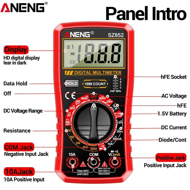 Alt view image 6 of 7 - SZ852 Digital Multimeter 1999 Counts 600V AC DC Voltage Current Resistance Tester hFE Transistor Diode Test & Combination Line - Red