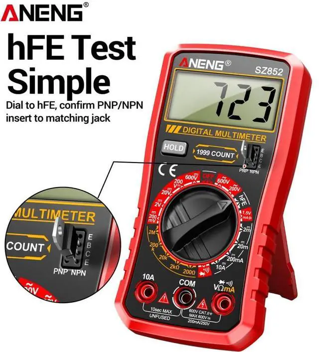 Alt view image 5 of 7 - SZ852 Digital Multimeter 1999 Counts 600V AC DC Voltage Current Resistance Tester hFE Transistor Diode Test & Combination Line Withe Box - Red