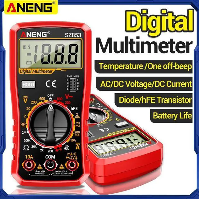 Alt view image 5 of 7 - SZ853 Digital Multimeter Voltmeter 1999 Counts AC DC Voltage Current Resistance Temperature Tester with Buzzer Diode Test & Combination Line Withe Box - Red