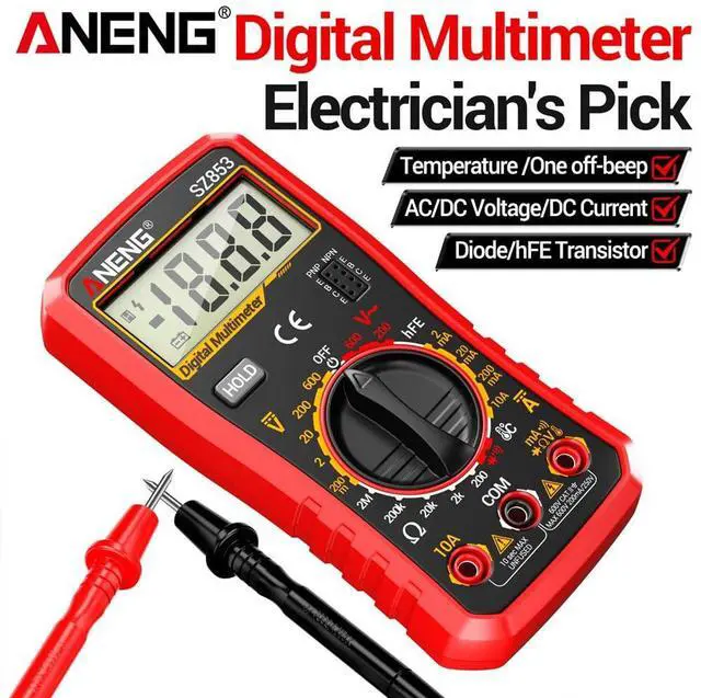 Alt view image 6 of 7 - SZ853 Digital Multimeter Voltmeter 1999 Counts AC DC Voltage Current Resistance Temperature Tester with Buzzer Diode Test & Combination Line Withe Box - Red