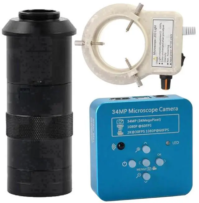 Main image of 2025 34MP 2K 1080P 60FPS HDMI USB Industrial Digital Video Microscope Camera & 100X C-Mount Lens With 56-LED Adjustable Ring Light - Blue