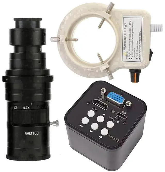 Main image of 1080P 60FPS HDMI VGA USB Type C Video Microscope Camera & 200X C-Mount Lens With 56-LED Adjustable Ring Light