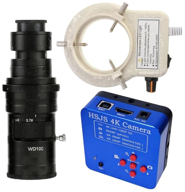 Main image of 20205 HSJS 4K 60MP HDMI USB Industrial Video Microscope Camera For Phone PCB Repair & 200X C-Mount Lens With 56-LED Adjustable Ring Light