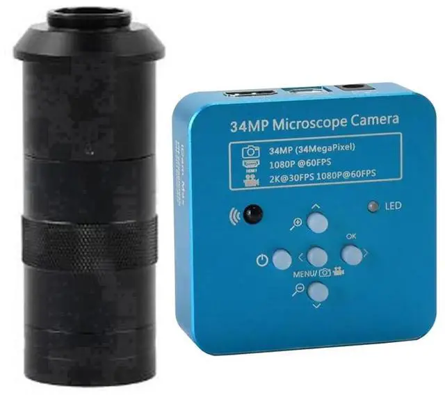 Main image of 2025 34MP 2K 1080P 60FPS HDMI USB Industrial Digital Video Microscope Camera & 100X C-Mount Lens - Blue