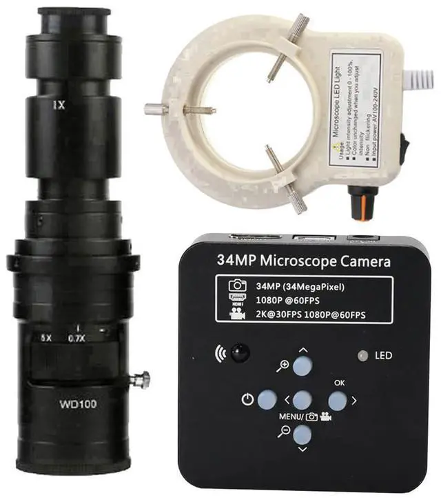 Main image of 2025 34MP 2K 1080P 60FPS HDMI USB Industrial Digital Video Microscope Camera & 500X C-Mount Lens With 56-LED Adjustable Ring Light - Black