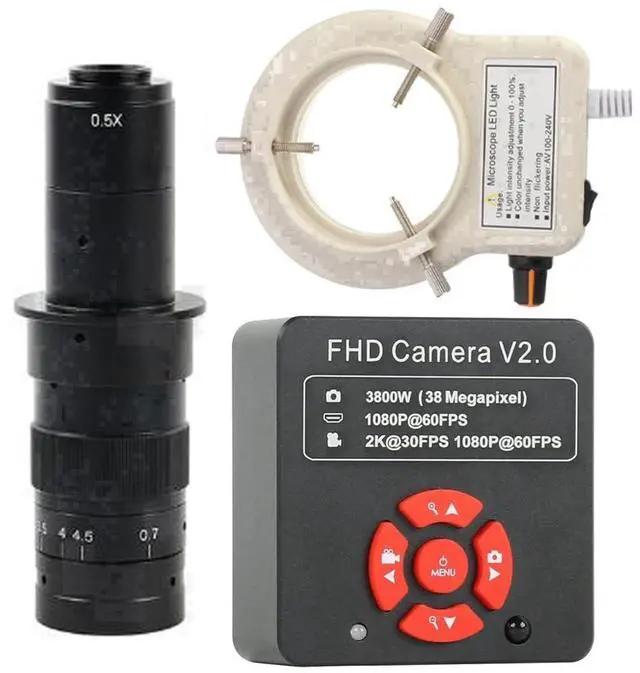 Main image of 38MP 2K 1080P 60FPS Industry Video HDMI USB Microscope Camera & 180X C-Mount Lens With 56-LED Adjustable Ring Light