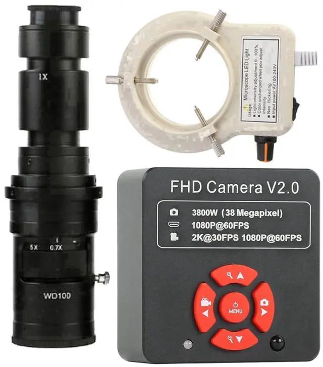 Main image of 38MP 2K 1080P 60FPS Industry Video HDMI USB Microscope Camera & 500X C-Mount Lens With 56-LED Adjustable Ring Light