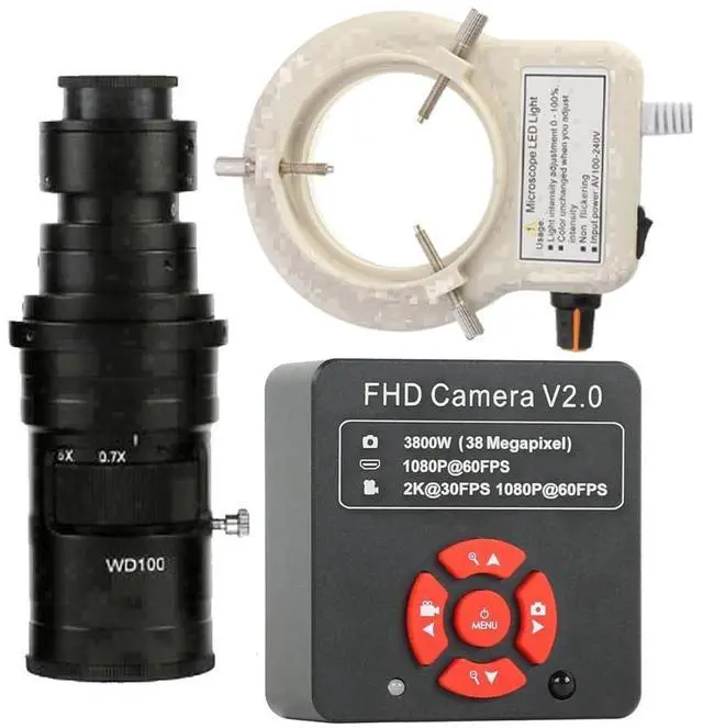 Main image of 38MP 2K 1080P 60FPS Industry Video HDMI USB Microscope Camera & 200X C-Mount Lens With 56-LED Adjustable Ring Light