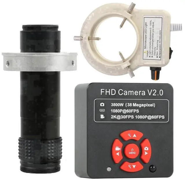 Main image of 38MP 2K 1080P 60FPS Industry Video HDMI USB Microscope Camera & 120X C-Mount Lens With 56-LED Adjustable Ring Light