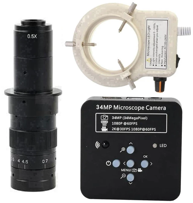 Main image of 2025 34MP 2K 1080P 60FPS HDMI USB Industrial Digital Video Microscope Camera & 180X C-Mount Lens With 56-LED Adjustable Ring Light - Black