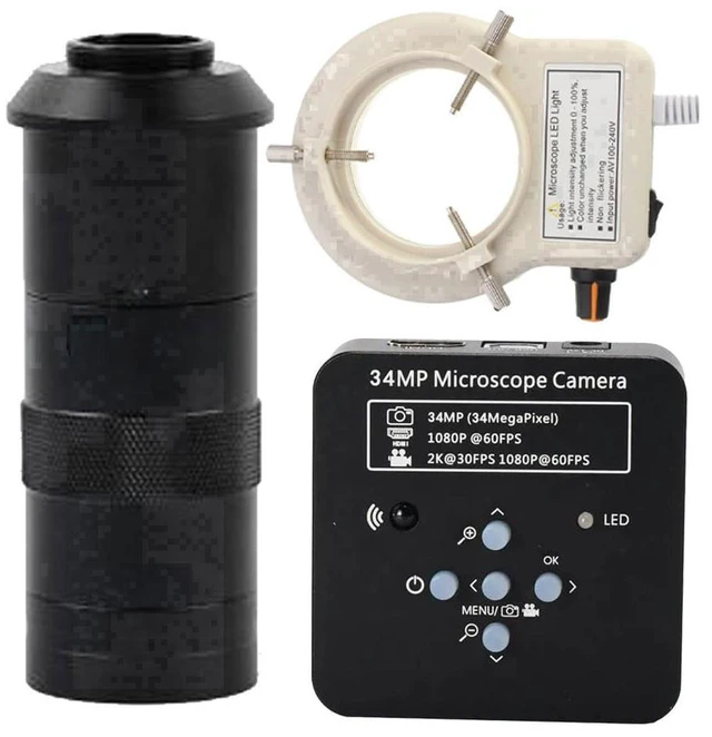 Main image of 2025 34MP 2K 1080P 60FPS HDMI USB Industrial Digital Video Microscope Camera & 100X C-Mount Lens With 56-LED Adjustable Ring Light - Black