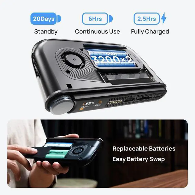 Alt view image 5 of 7 - STATIONPC PocketCloud Portable NAS, M.2 NVMe & SD Card Slots, Up to 8TB Capacity (Diskless), One-Click Backup, Wi-Fi 6 Support, LCD Display & App Control, Dual 3200mAh Batteries for Outdoor Backup