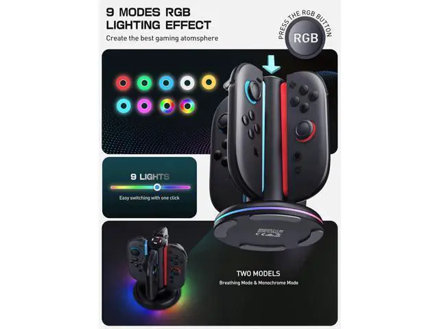 Alt view image 3 of 7 - Charging Dock for Nintendo Switch, 2 Joy-Con Controllers - 4-in-1 Quick Charge Station, Magnetic and Weighted Dock, Bi-directional Design, LED Indicator and Overcharge Protection