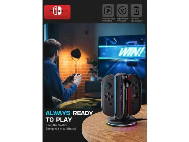 Alt view image 4 of 7 - Charging Dock for Nintendo Switch, 2 Joy-Con Controllers - 4-in-1 Quick Charge Station, Magnetic and Weighted Dock, Bi-directional Design, LED Indicator and Overcharge Protection