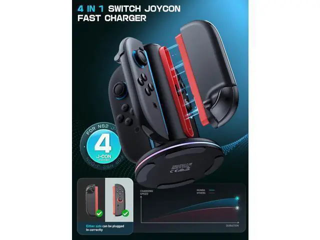 Alt view image 5 of 7 - Charging Dock for Nintendo Switch, 2 Joy-Con Controllers - 4-in-1 Quick Charge Station, Magnetic and Weighted Dock, Bi-directional Design, LED Indicator and Overcharge Protection