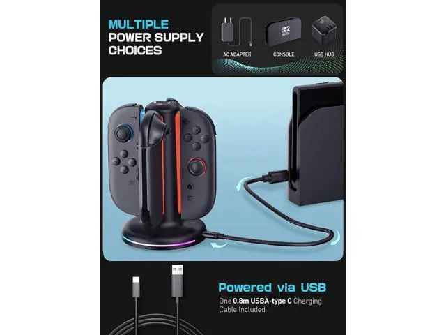 Alt view image 2 of 7 - Charging Dock for Nintendo Switch, 2 Joy-Con Controllers - 4-in-1 Quick Charge Station, Magnetic and Weighted Dock, Bi-directional Design, LED Indicator and Overcharge Protection