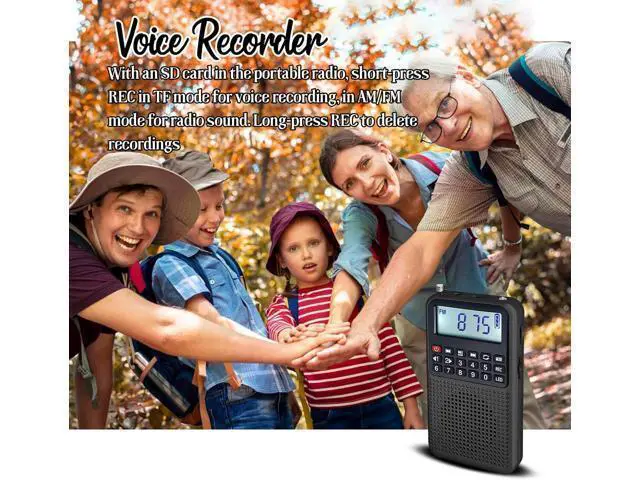 Alt view image 5 of 7 - Portable FM AM Radio with Bluetooth, Recording, TF Card Support, Stable Signal Reception, LED Emergency Light, Home and Outdoor Use Compact Design (Black)