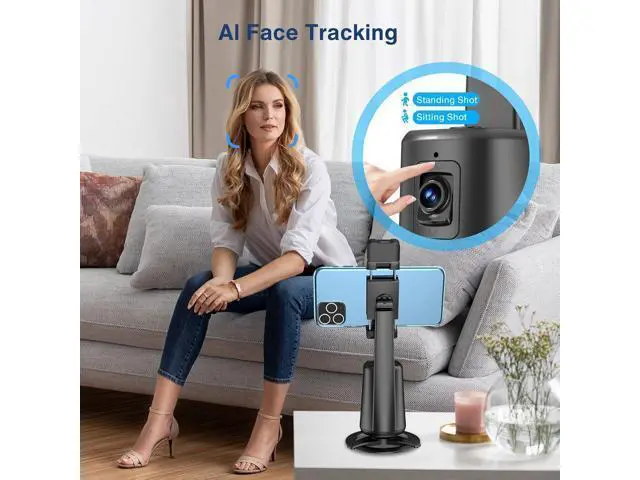 Alt view image 6 of 7 - Automatic Face Tracking Tripod 360° Rotating Smartphone Photo and Video Kit Mount, No App Required, Camera Mount with Remote Control and Gesture Control for Live Recording on TikTok (Black) Rechargeab