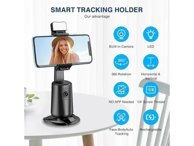 Alt view image 2 of 7 - Automatic Face Tracking Tripod 360° Rotating Smartphone Photo and Video Kit Mount, No App Required, Camera Mount with Remote Control and Gesture Control for Live Recording on TikTok (Black) Rechargeab