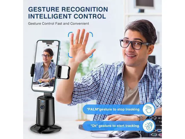 Alt view image 3 of 7 - Automatic Face Tracking Tripod 360° Rotating Smartphone Photo and Video Kit Mount, No App Required, Camera Mount with Remote Control and Gesture Control for Live Recording on TikTok (Black) Rechargeab