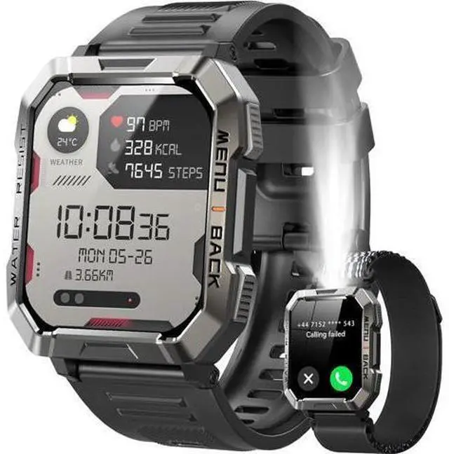 Main image of Men's Military Smartwatch (Receive/Dial), 2.01-inch Smartwatch for Android and iPhone, Fitness Tracker with Flashlight/Compass/100 Day Battery/Heart Rate/Sleep/100+ Sport Modes (2 Bands).