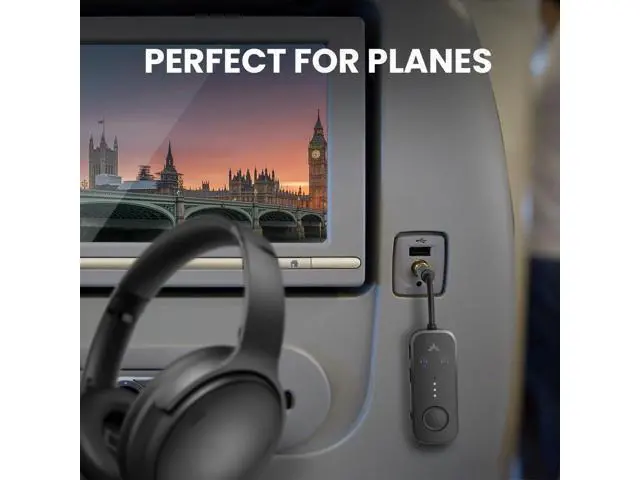 Alt view image 2 of 7 - Airplane Bluetooth 5.3 Adapter with Qualcomm aptX Adaptive, Supports 2 AirPods or Headphones, 20 Hours of Playback Time, 3.5mm AUX Wireless Audio Transmitter for Travel Flights, Airlines, Gyms