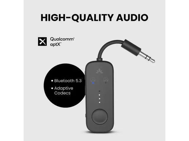 Alt view image 6 of 7 - Airplane Bluetooth 5.3 Adapter with Qualcomm aptX Adaptive, Supports 2 AirPods or Headphones, 20 Hours of Playback Time, 3.5mm AUX Wireless Audio Transmitter for Travel Flights, Airlines, Gyms