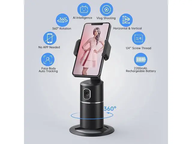 Alt view image 2 of 7 - Automatic Face Tracking Cell Phone Holder, No App Required, 360° Rotating Face Body Cell Phone Tracking Tripod Smart Shot Camera Holder for Live Vlog Streaming Video, Rechargeable Battery - Black