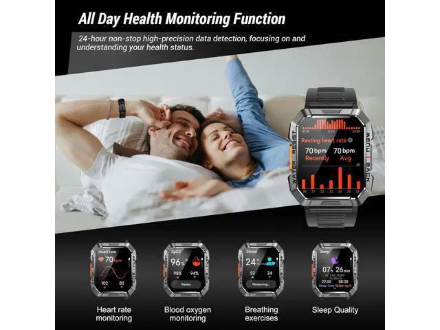 Alt view image 3 of 5 - Men's Military Smartwatch (Receive/Dial), 2.01-inch Smartwatch for Android and iPhone, Fitness Tracker with Flashlight/Compass/100 Day Battery/Heart Rate/Sleep/100+ Sport Modes (2 Bands).
