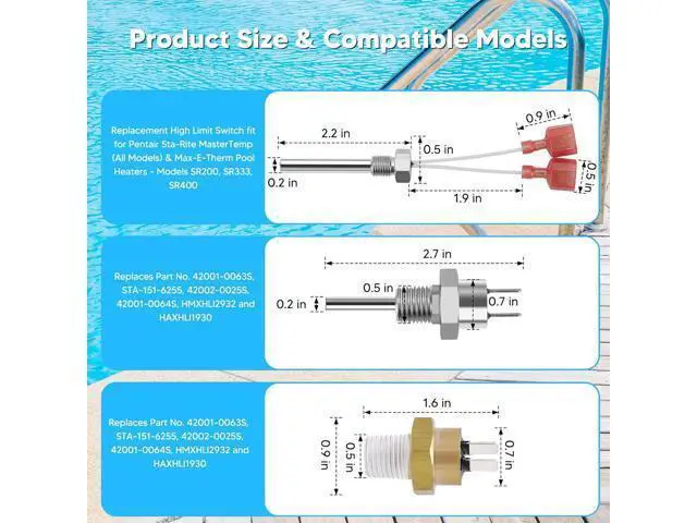 Alt view image 3 of 7 - 42002-0024S Flue Gas Sensor, 42001-0063S Upper Limit Switch, and 42001-0053S Heater Thermistor for Spa Heart-Shaped Unit (Pentair Replacement)