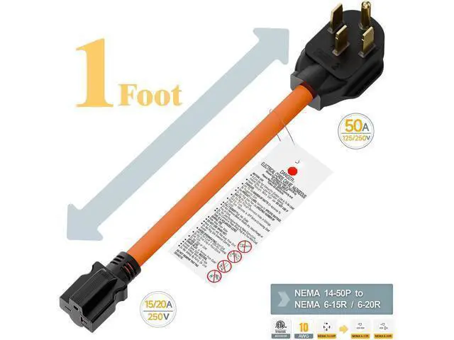 Alt view image 2 of 7 - 1FT STW 10/3 Heavy-Duty NEMA 14-50P 50-Amp Male Plug to 6-20R/6-15R T-Blade Adapter, 4-Pole 250V to 20A, 250V 6-20/15R Adapter, 14-50 to 6-20R Electric Vehicle/Dryer Adapter
