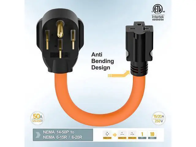 Alt view image 3 of 7 - 1FT STW 10/3 Heavy-Duty NEMA 14-50P 50-Amp Male Plug to 6-20R/6-15R T-Blade Adapter, 4-Pole 250V to 20A, 250V 6-20/15R Adapter, 14-50 to 6-20R Electric Vehicle/Dryer Adapter
