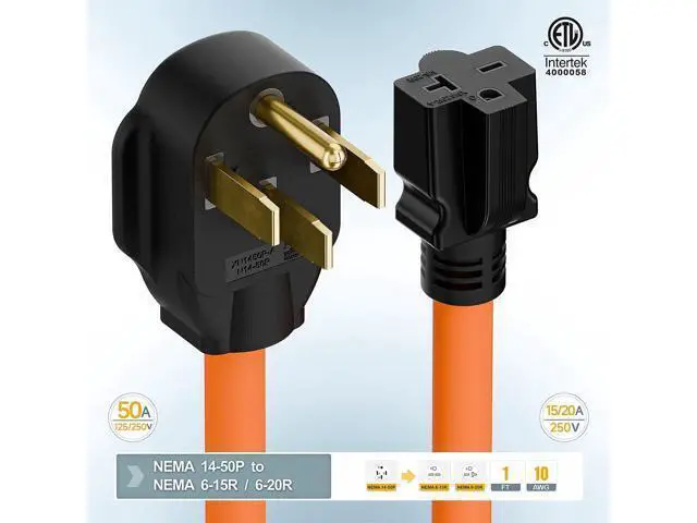 Alt view image 6 of 7 - 1FT STW 10/3 Heavy-Duty NEMA 14-50P 50-Amp Male Plug to 6-20R/6-15R T-Blade Adapter, 4-Pole 250V to 20A, 250V 6-20/15R Adapter, 14-50 to 6-20R Electric Vehicle/Dryer Adapter