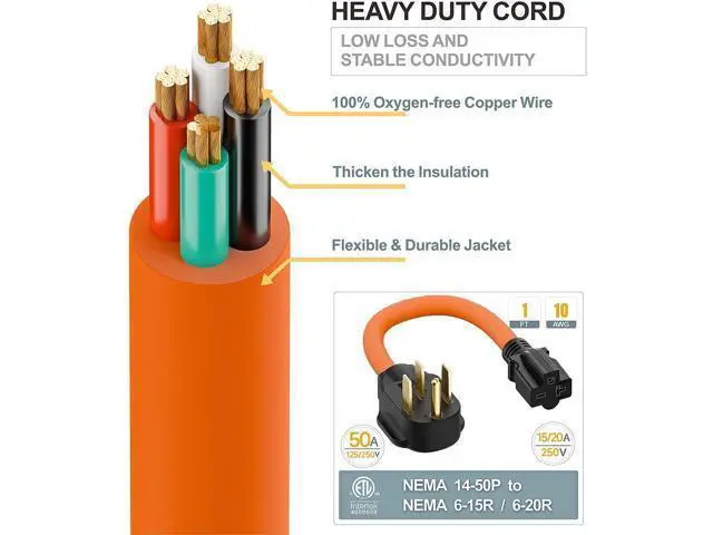 Alt view image 7 of 7 - 1FT STW 10/3 Heavy-Duty NEMA 14-50P 50-Amp Male Plug to 6-20R/6-15R T-Blade Adapter, 4-Pole 250V to 20A, 250V 6-20/15R Adapter, 14-50 to 6-20R Electric Vehicle/Dryer Adapter
