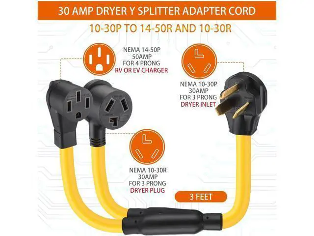 Alt view image 2 of 7 - 30-amp Y-splitter for RVs/EVs, compatible with NEMA 10-30P to 14-50R/10-30R adapters (3-pin 30A to 4-pin 50A), for EV/RV charging, STW 10 AWG, with safety ground wire, 3 feet